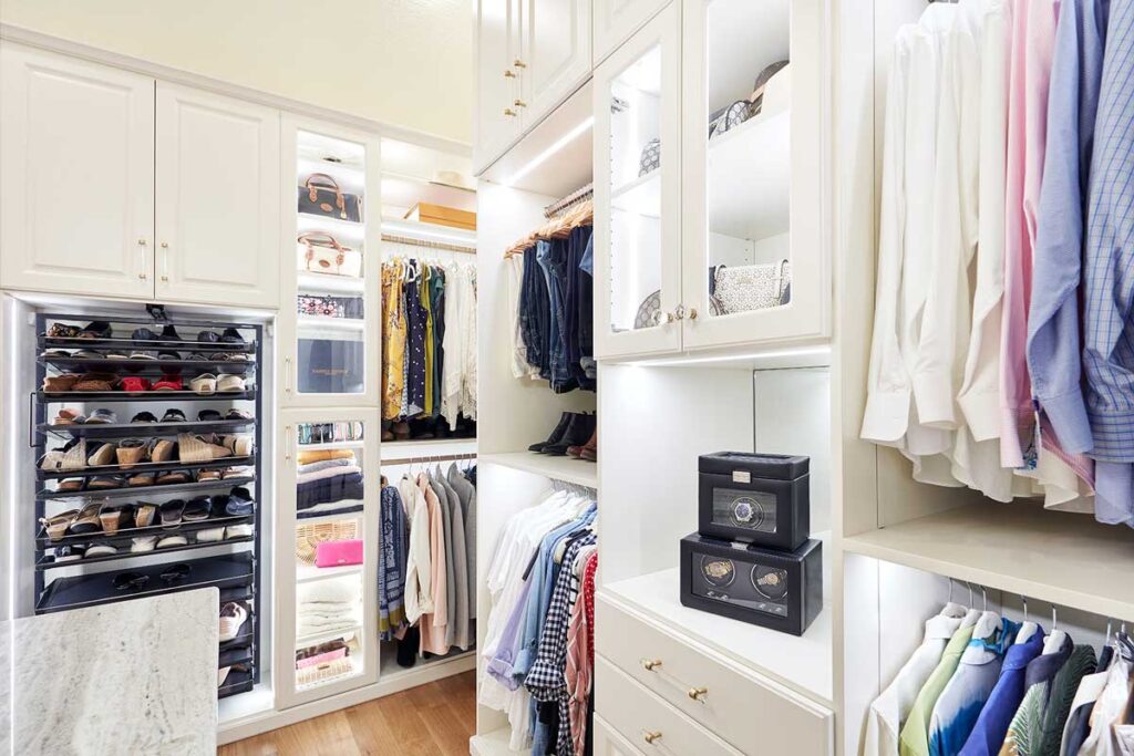 Custom closet design showing custom shelving and cabinetry