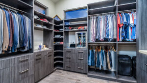 Custom closet design gray with shoe rack and drawers