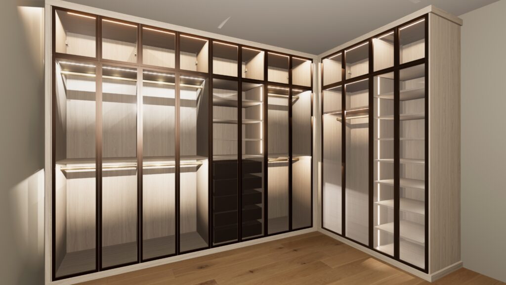 Lux closet design with lighting and clothes