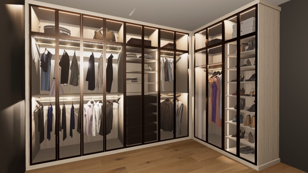 Luxe closet design with lighting and clothes