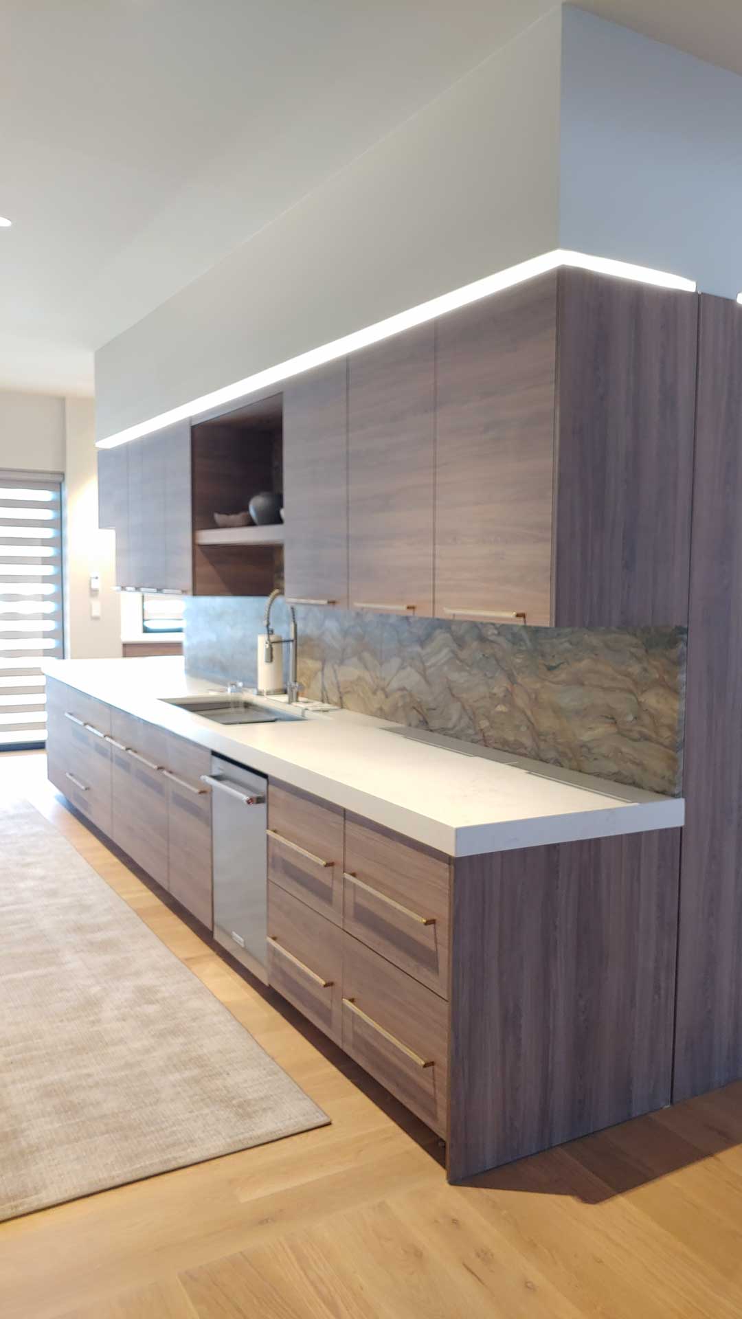 Modern kitchen with clean lines showing center island closeup