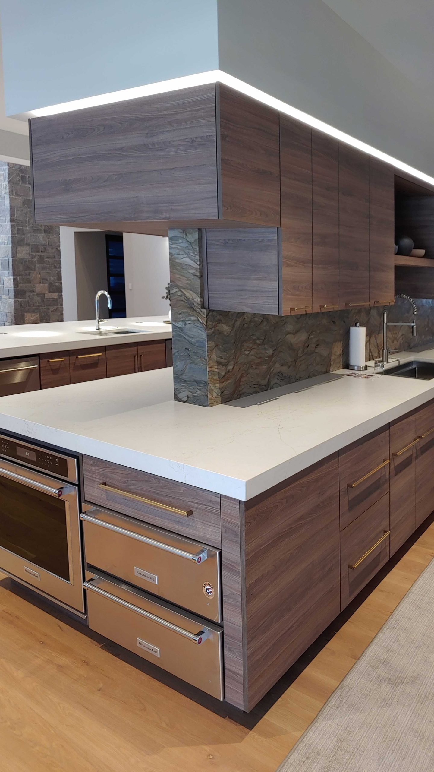 Modern kitchen with clean lines showing center island