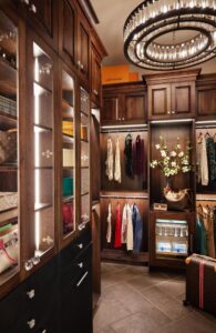 Dark wood with bright lights closet feature