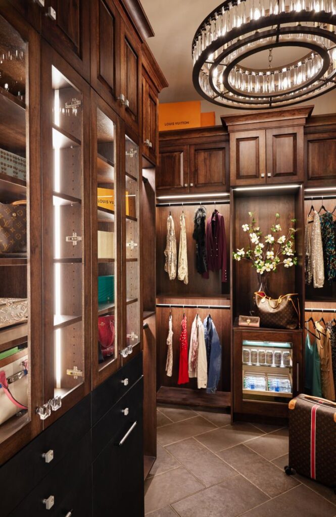 Dark wood with bright lights closet feature