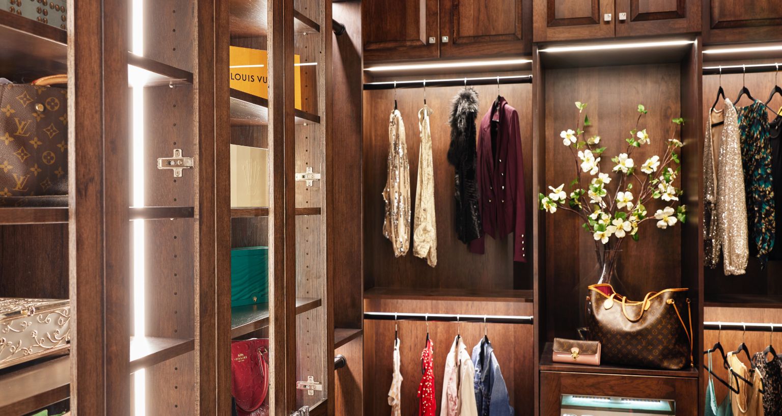 Dark wood with bright lights showing hanging space