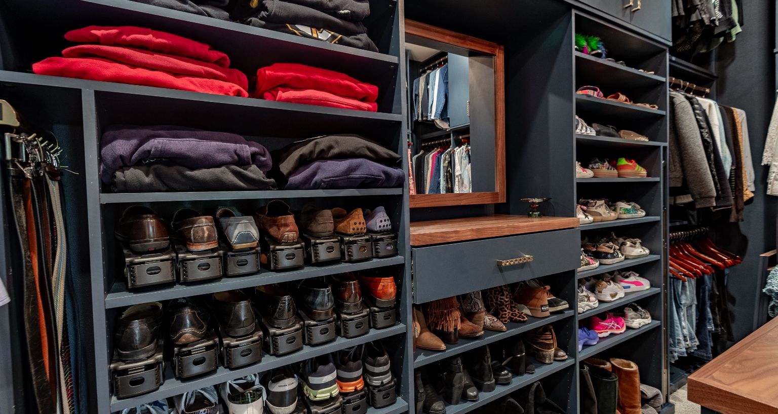 Modern and dramatic closet detail of shoe rack