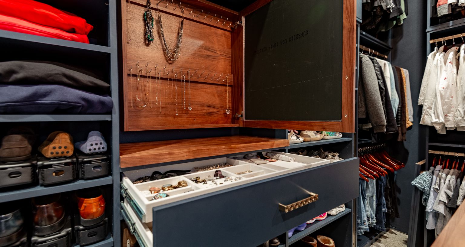 Modern and dramatic closet detail of jewelry cabinet