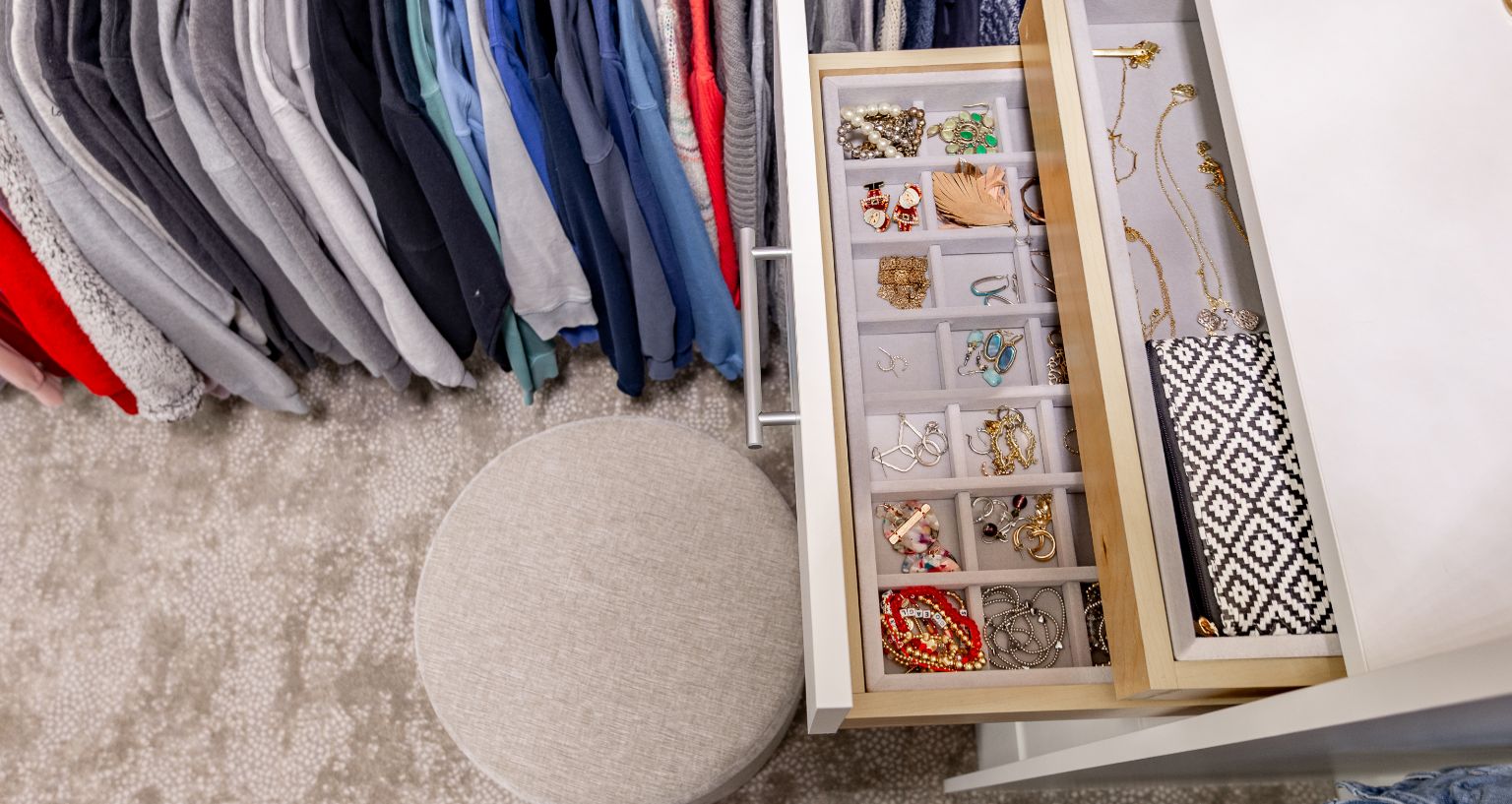 Closet with drying racks detail on jewelry drawer