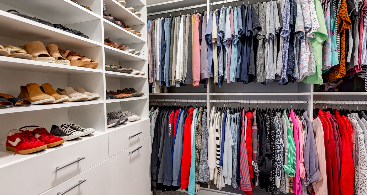 Closet with drying racks detail on double hanging rods